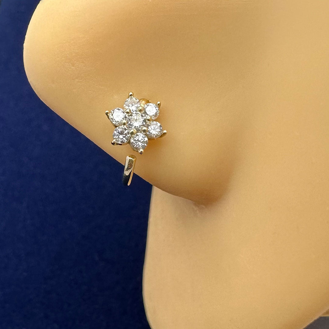 14k CZ Flower Cluster Nose Hoop 18G